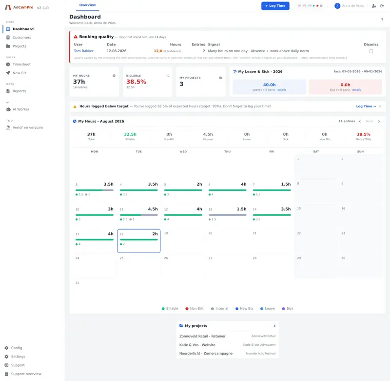 AdComPro dashboard with hour overview, projects and declarable hours